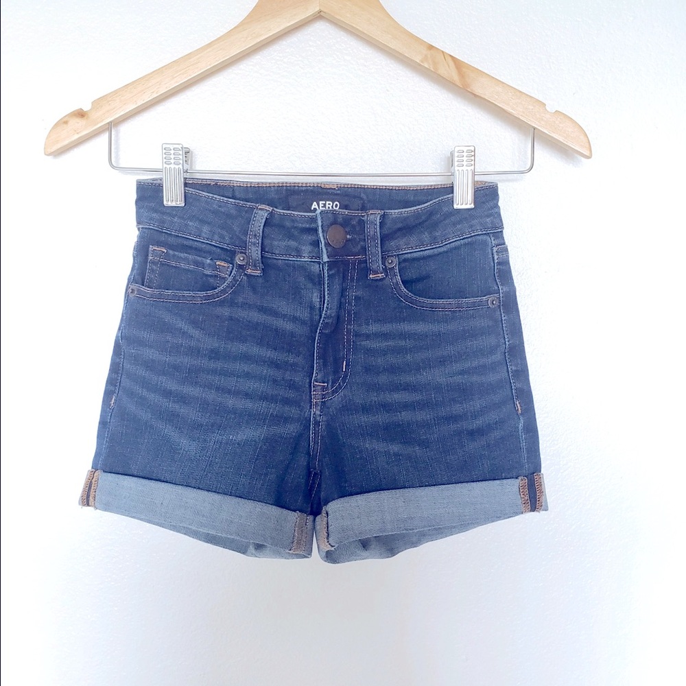AERO High Rise Midi Jean Shorts Size 00 Medium Dark Wash Stretch Denim
